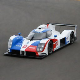 A Le Mans racing car from the 2000s era, representing advancements in automotive design and technology. The car exudes resistance with its wide, low shape, aerodynamic contours, vibrant colors, and powerful combustion engine