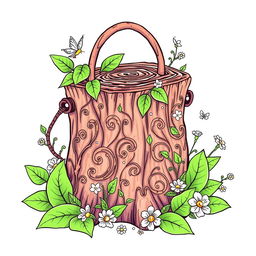 A whimsical coloring page illustration of a single fantasy handbag, inspired by the magical realms of fairies and gnomes