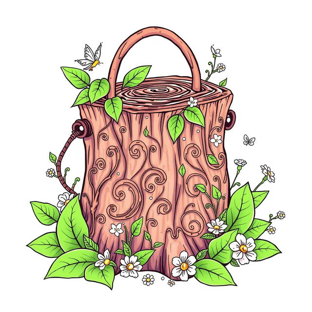 A whimsical coloring page illustration of a single fantasy handbag, inspired by the magical realms of fairies and gnomes