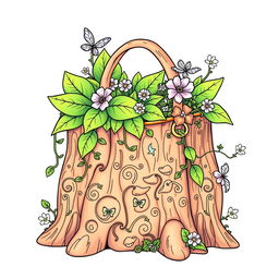 A whimsical coloring page illustration of a single fantasy handbag, inspired by the magical realms of fairies and gnomes