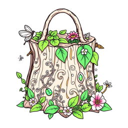 A whimsical coloring page illustration of a single fantasy handbag, inspired by the magical realms of fairies and gnomes