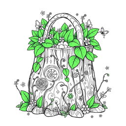 A whimsical coloring page illustration of a single fantasy handbag, inspired by the magical realms of fairies and gnomes