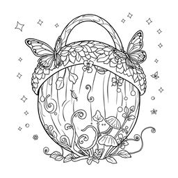 A delightful coloring page illustration of a singular fantasy handbag inspired by the magical realms of fairies and gnomes