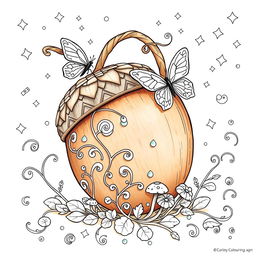 A delightful coloring page illustration of a singular fantasy handbag inspired by the magical realms of fairies and gnomes