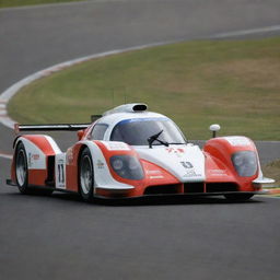 A Le Mans racing car from the 2000s era, representing advancements in automotive design and technology. The car exudes resistance with its wide, low shape, aerodynamic contours, vibrant colors, and powerful combustion engine