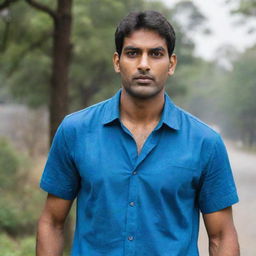 A tall and bulky Indian man with handsome features, wearing a blue shirt.