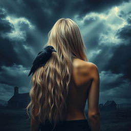 An intriguing image of a woman standing with her back to the viewer, showcasing her long, shimmering golden-white hair and her beautifully tanned skin