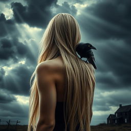 An intriguing image of a woman standing with her back to the viewer, showcasing her long, shimmering golden-white hair and her beautifully tanned skin