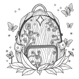 A delightful coloring page illustration of a single fantasy backpack inspired by the enchanting worlds of fairies and gnomes