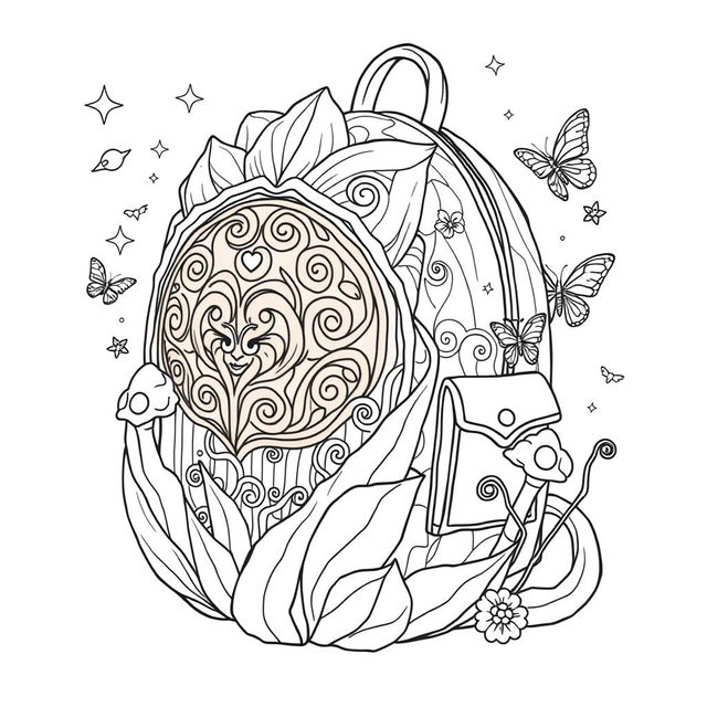 A delightful coloring page illustration of a single fantasy backpack inspired by the enchanting worlds of fairies and gnomes