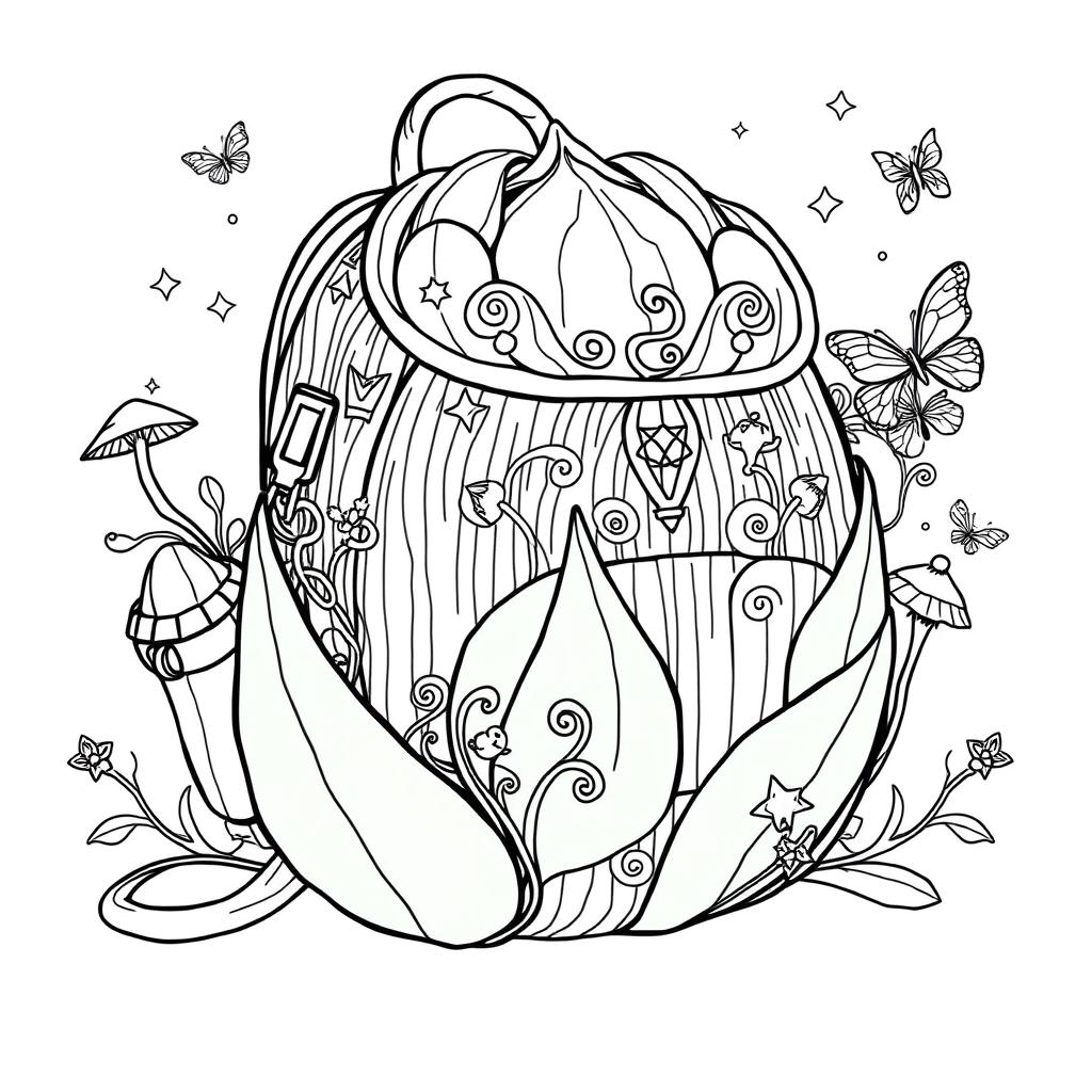 A delightful coloring page illustration of a single fantasy backpack inspired by the enchanting worlds of fairies and gnomes