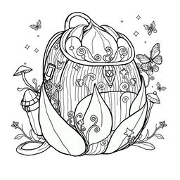 A delightful coloring page illustration of a single fantasy backpack inspired by the enchanting worlds of fairies and gnomes