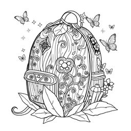 A delightful coloring page illustration of a single fantasy backpack inspired by the enchanting worlds of fairies and gnomes