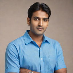 A tall and bulky Indian man with handsome features, wearing a blue shirt.