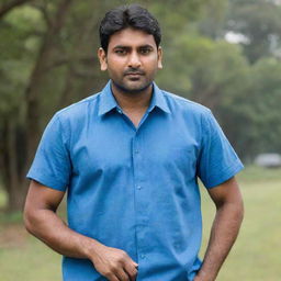 A tall and bulky Indian man with handsome features, wearing a blue shirt.