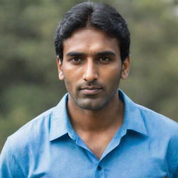 A tall and bulky Indian man with handsome features, wearing a blue shirt.