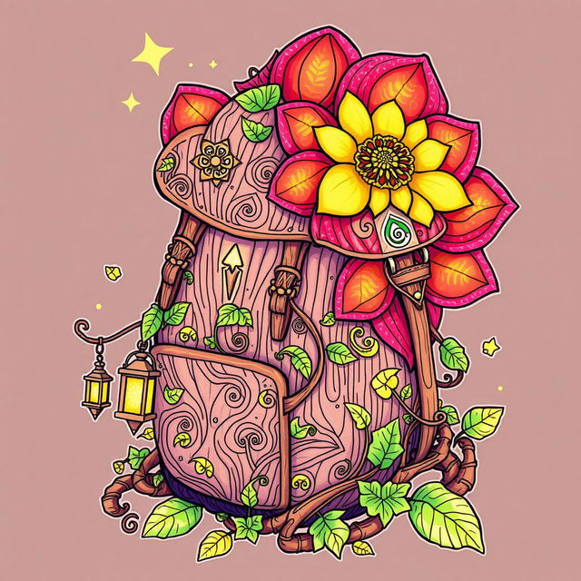 A captivating coloring page illustration of a fantasy backpack influenced by the enchanting worlds of fairies and gnomes