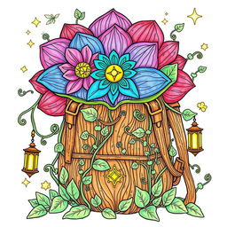 A captivating coloring page illustration of a fantasy backpack influenced by the enchanting worlds of fairies and gnomes