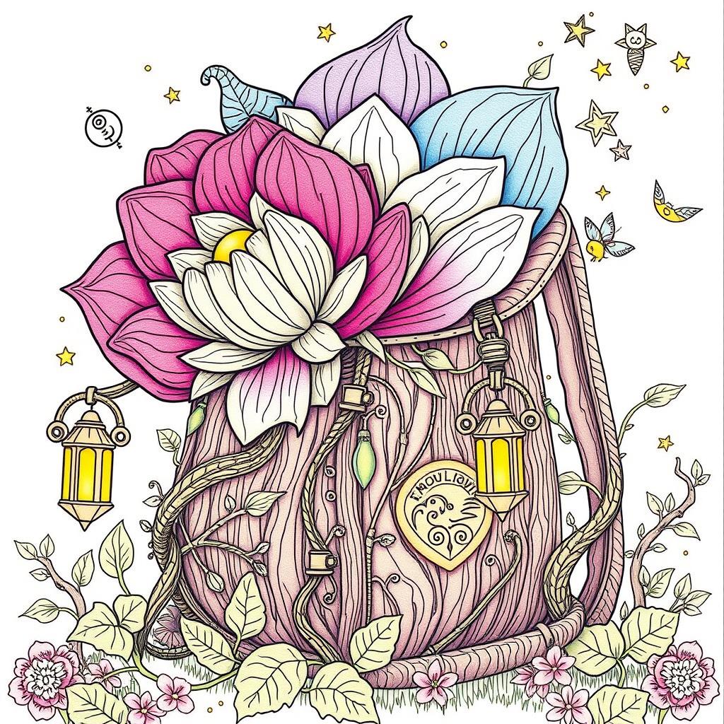 A captivating coloring page illustration of a fantasy backpack influenced by the enchanting worlds of fairies and gnomes