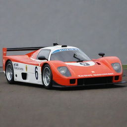 A Le Mans racing car from the 1990s, showcasing an era of bold, aggressive designs and high-speed performance. Expect to see wide wheel arches, large wings for downforce, bright racing livery, and a roaring petrol engine