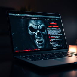 A close-up of a modern laptop screen displaying a deep web horror-themed webpage featuring a horrifying face