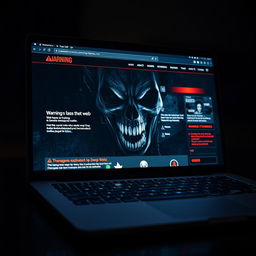 A close-up of a modern laptop screen displaying a deep web horror-themed webpage featuring a horrifying face