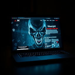 A close-up of a modern laptop screen displaying a deep web horror-themed webpage featuring a horrifying face