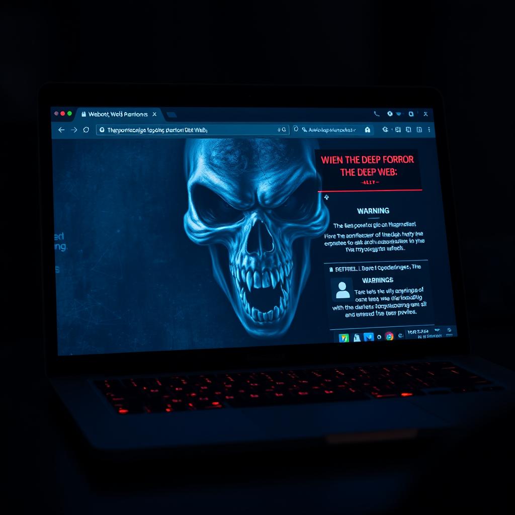 A close-up of a modern laptop screen displaying a deep web horror-themed webpage featuring a horrifying face