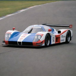 A Le Mans racing car from the 1990s, showcasing an era of bold, aggressive designs and high-speed performance. Expect to see wide wheel arches, large wings for downforce, bright racing livery, and a roaring petrol engine