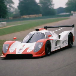 A Le Mans racing car from the 1990s, showcasing an era of bold, aggressive designs and high-speed performance. Expect to see wide wheel arches, large wings for downforce, bright racing livery, and a roaring petrol engine