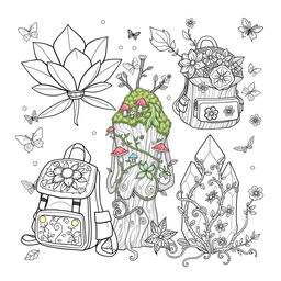 An enchanting coloring page illustration of a variety of fantasy backpacks inspired by the whimsical worlds of fairies and gnomes