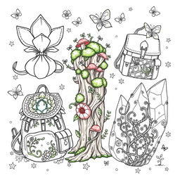 An enchanting coloring page illustration of a variety of fantasy backpacks inspired by the whimsical worlds of fairies and gnomes