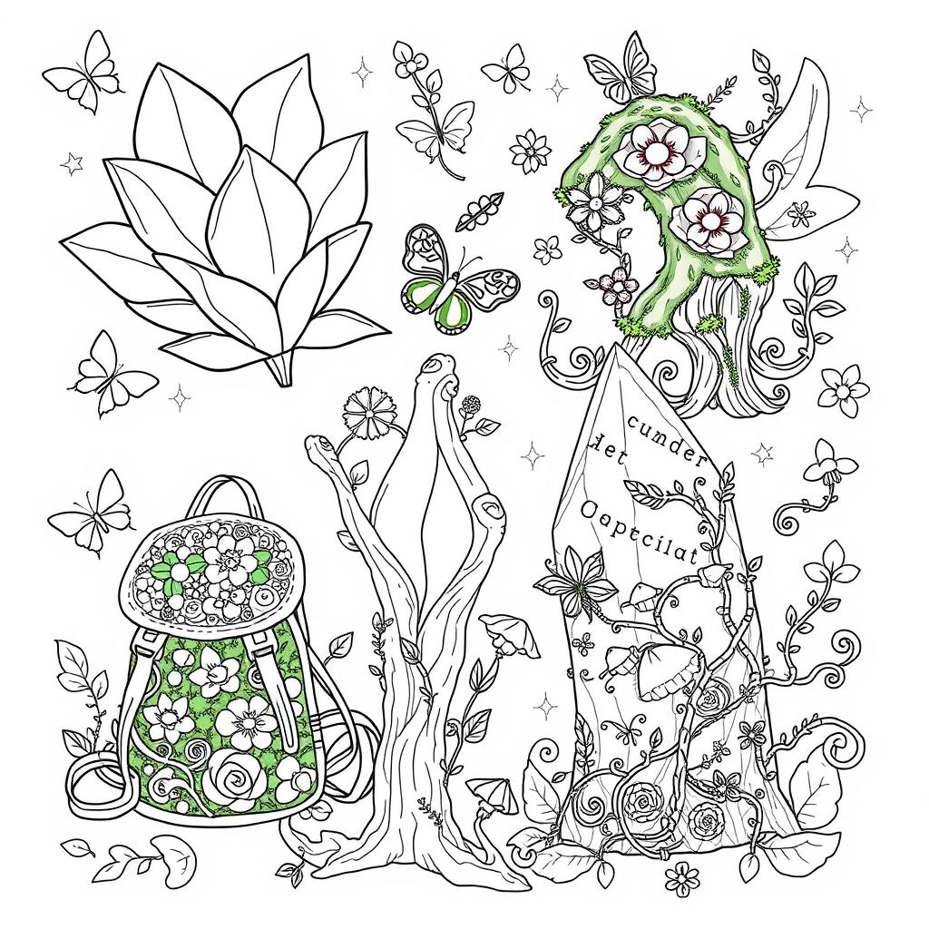 An enchanting coloring page illustration of a variety of fantasy backpacks inspired by the whimsical worlds of fairies and gnomes