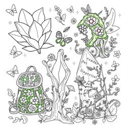 An enchanting coloring page illustration of a variety of fantasy backpacks inspired by the whimsical worlds of fairies and gnomes