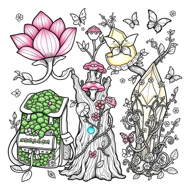 An enchanting coloring page illustration of a variety of fantasy backpacks inspired by the whimsical worlds of fairies and gnomes