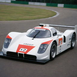 A Le Mans racing car from the 1990s, showcasing an era of bold, aggressive designs and high-speed performance. Expect to see wide wheel arches, large wings for downforce, bright racing livery, and a roaring petrol engine