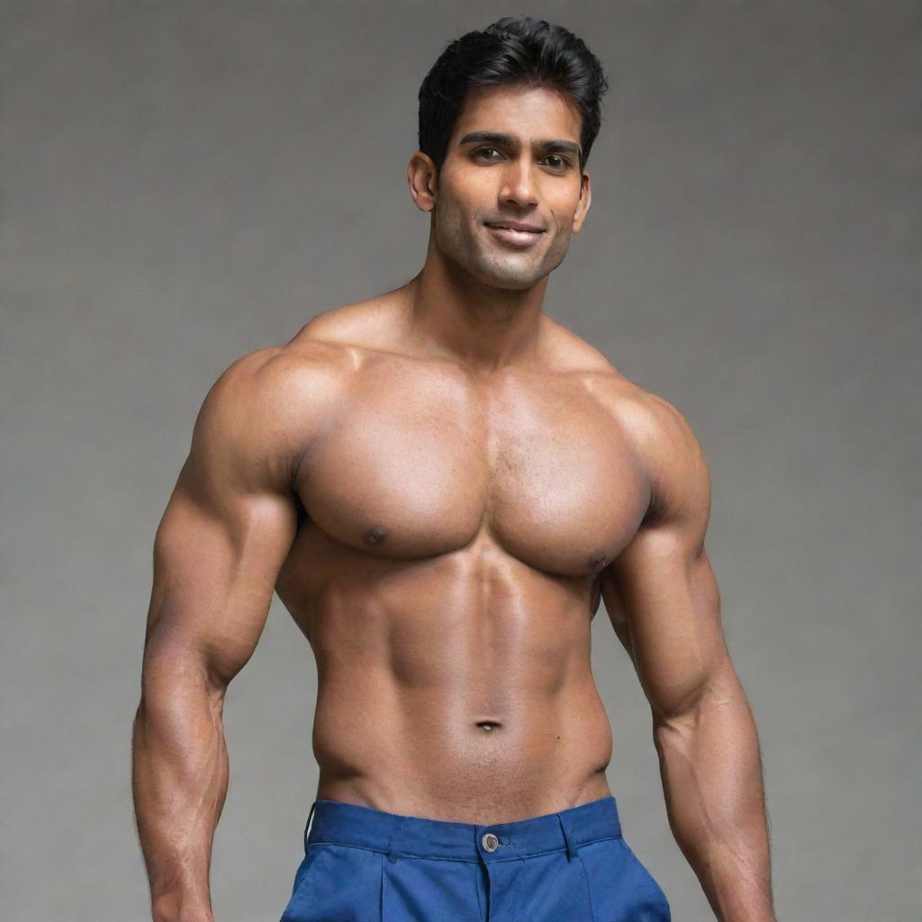 The tall and bulky Indian man with handsome features, now more muscular, still wearing a blue shirt.