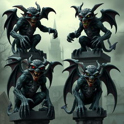 A collection of evil gargoyles in various intimidating poses, crafted from dark stone with twisted features and menacing grins