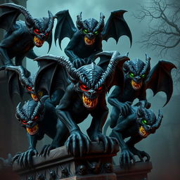 A collection of evil gargoyles in various intimidating poses, crafted from dark stone with twisted features and menacing grins