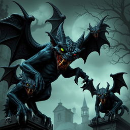 A collection of evil gargoyles in various intimidating poses, crafted from dark stone with twisted features and menacing grins