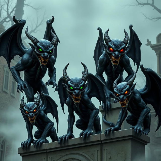 A collection of evil gargoyles in various intimidating poses, crafted from dark stone with twisted features and menacing grins