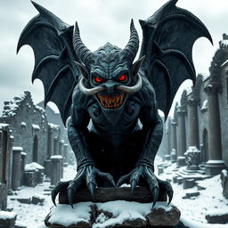 An imposing evil gargoyle made of dark, weathered stone, featuring sharp, angular features and an unsettling grin