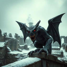 An imposing evil gargoyle made of dark, weathered stone, featuring sharp, angular features and an unsettling grin