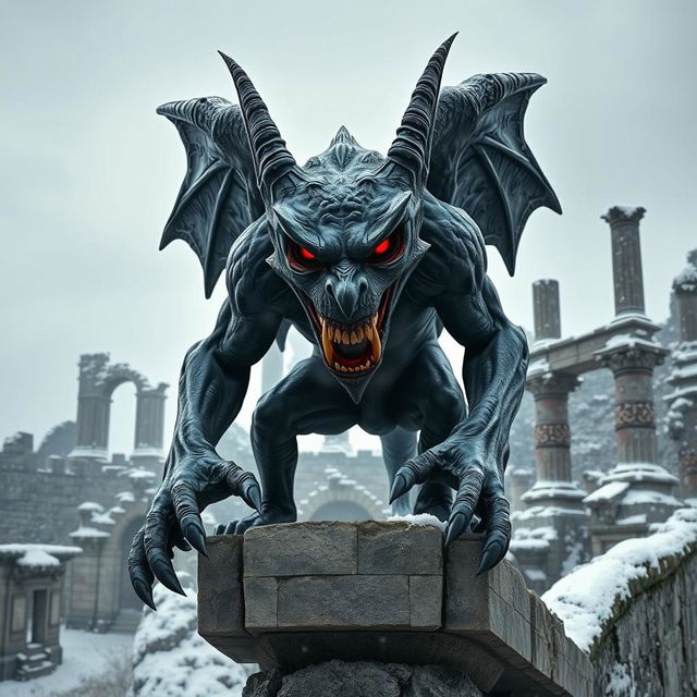 An imposing evil gargoyle made of dark, weathered stone, featuring sharp, angular features and an unsettling grin