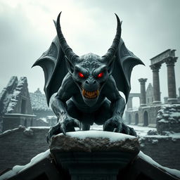 An imposing evil gargoyle made of dark, weathered stone, featuring sharp, angular features and an unsettling grin