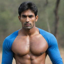 The tall and bulky Indian man with handsome features, now more muscular, still wearing a blue shirt.