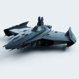 A detailed 3D rendering of a futuristic spaceship measuring a little less than 27 meters in length, 17 meters in width, and 5 meters in height