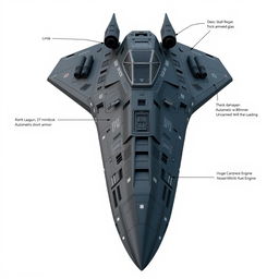 A detailed 3D rendering of a futuristic spaceship measuring a little less than 27 meters in length, 17 meters in width, and 5 meters in height