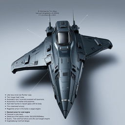 A detailed 3D rendering of a futuristic spaceship measuring a little less than 27 meters in length, 17 meters in width, and 5 meters in height