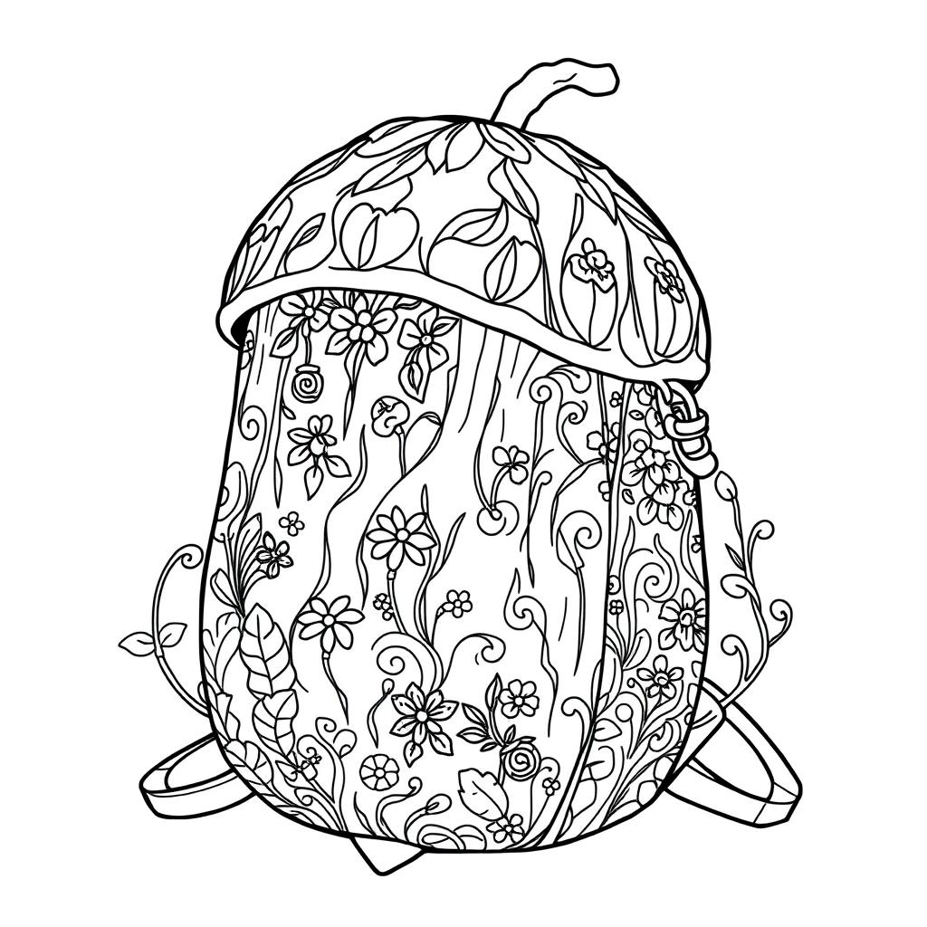 A charming coloring page illustration of a singular fantasy backpack inspired by the magical realms of fairies and gnomes